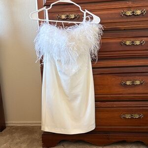 David's Bridal White Feathered Dress